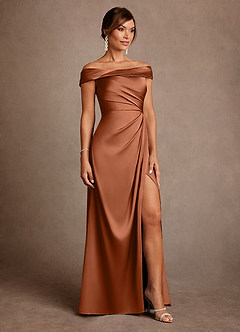 Azazie Bedford Mother of the Bride Dresses Copper Sheath Pleated Stretch Satin Dress image4