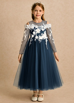 Azazie Lilah Flower Girl Dresses Dark Navy A-Line Lace Tulle Dress image4