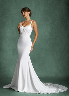 Azazie Gina Wedding Dresses Diamond White Champagne Mermaid Square Neckline Crepe Back Satin Dress image7