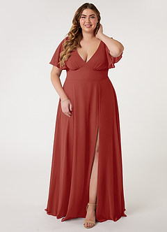 Azazie Kimber Bridesmaid Dresses Terracotta A-Line Flounce Sleeve Chiffon Dress image6