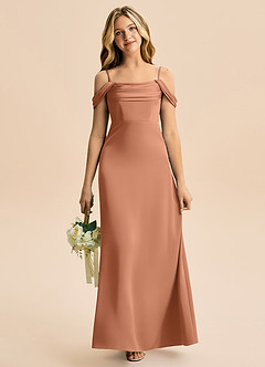 Azazie Lettie Junior A-Linie Schulterfrei Stretch-Satin Kleid Bronzer image2