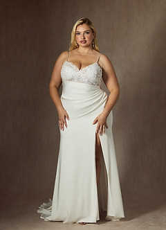 Azazie Nyx Robes de mariée Robe Sirène en Satin extensible Col V à paillettes Blanc De Diamant image1