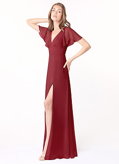 Azazie Kimber Bridesmaid Dresses Pomegranate A-Line Flounce Sleeve Chiffon Dress image3