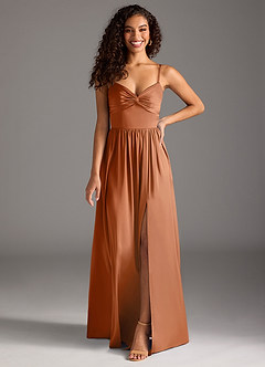Azazie Zeya Bridesmaid Dresses Copper A-Line Pleated Stretch Satin Dress image8