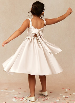 Azazie Cutie Pie Flower Girl Dresses White Alabaster A-Line Pleated Matte Satin Dress image2