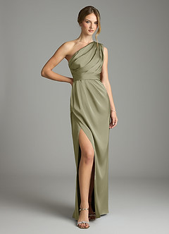 Azazie Emorie At-home Try On Dresses Dusty Blue Sheath One Shoulder Stretch Satin Dress image1