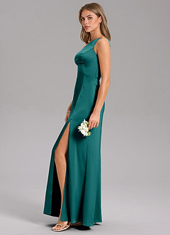 Azazie Feby Bridesmaid Dresses Peacock A-Line One Shoulder Stretch Satin Dress image5
