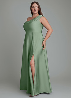 Azazie Melanie Bridesmaid Dresses Matcha A-Line Off the Shoulder Stretch Satin Dress image11