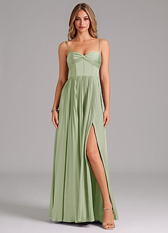 Azazie Akiko Brautjungfernkleider A-Linie Herzausschnitt Stretch-Satin Kleid Staubiger Salbeigrün image1