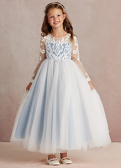 Azazie Elodie Flower Girl Dresses Ivory Dusty Blue Ball-Gown Lace Dress image3