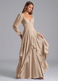 Azazie Karan Bridesmaid Dresses Taupe A-Line Long Sleeve Chiffon Dress image4