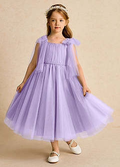 Azazie Dori Robe Demoiselle D'honneur Fillette Robe Trapèze en Tulle Rayé Lilas image2