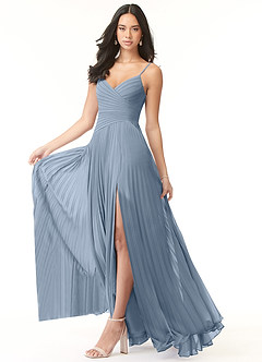 Azazie Vini Robes de demoiselle d'honneur Robe Trapèze en Mousseline de soie Col V plissé Bleu Poussiéreux image3