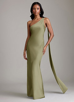 Azazie Galinda Brudtärnklänningar Klä av Sjöjungfru i Stretch Satin Ena axeln Pistasch image4