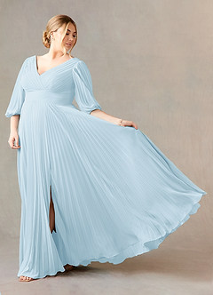 Azazie Zahara Mère de la mariée Robes Robe Trapèze en Mousseline de soie Col V plissé Bleu Ciel image9