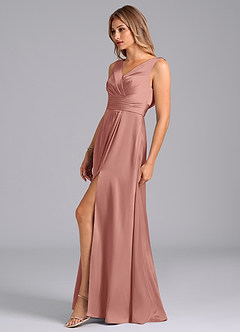 Azazie Karina Bridesmaid Dresses Rosette A-Line Pleated Stretch Satin Dress image3