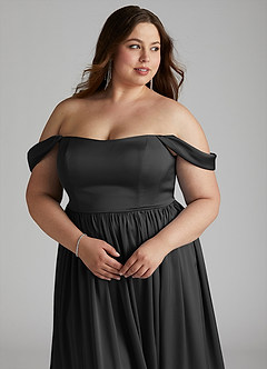 Azazie Morana Vestidos de damas de honor Vestido de Negro de Satén Elástico de Corte en A Convertible con Vestidos sin tirantes image17