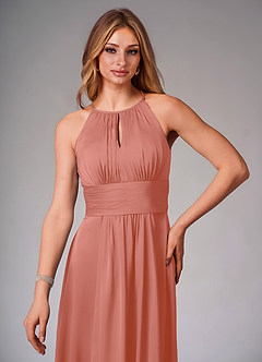 Azazie Bonnie Bridesmaid Dresses Salmon Pink A-Line Pleated Stretch Satin Dress image5