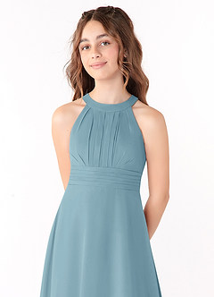 Azazie Linna Junior Vestido de Azul Malhumorado de Gasa de Corte En A con Plisado image4
