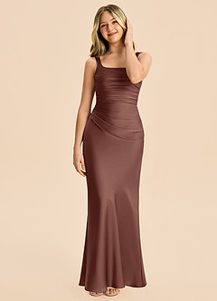 Azazie Agustina Junior Espresso Sheath Pleated Stretch Satin Dress image3