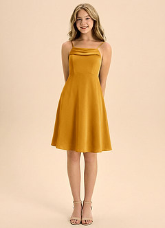 Azazie Anselie Junior A-Line Plisseret Stræk satin Mini Junior brudepige Kjole image5