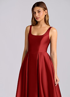 Azazie Amalie Bridesmaid Dresses Pomegranate A-Line Pleated Stretch Satin Dress image6