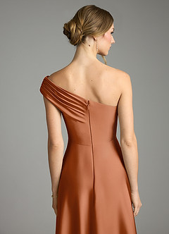 Azazie Melanie Bridesmaid Dresses Copper A-Line Off the Shoulder Stretch Satin Dress image2