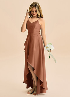 Azazie Eirlys Junior Robe Trapèze en Satin extensible Plissé Bronze image3