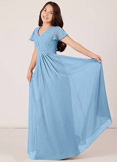 Azazie Peony Junior Robe Trapèze en Mousseline de soie Plissée Acier Bleuté image4