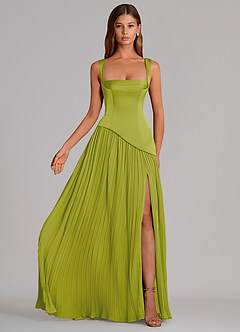 Azazie Stephanie Vestidos de damas de honor Vestido de Hierba De Limón de Satén Elástico de Corte en A con Plisado image4