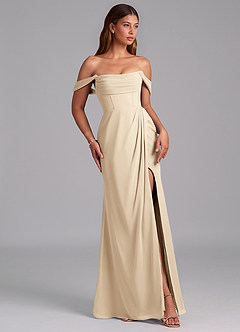 Azazie Johana Robes de demoiselle d'honneur Robe Sirène Convertible en Mousseline de soie Épaule décolletée Champagne image6
