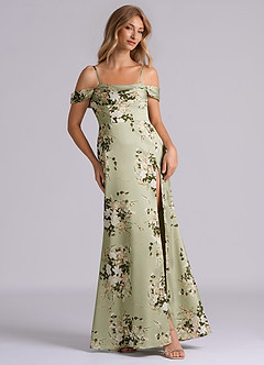 Azazie Saige Bridesmaid Dresses Floral Vines Sheath Off the Shoulder Stretch Satin Dress image8