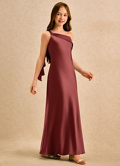 Azazie Almond Girls Formal Jurken voor bloemenmeisjes Kokerjurk Jurk van Stretch Satijn One-shoulder Terracotta image5