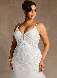Azazie Selene Wedding Dresses Diamond White Mermaid V-Neck Lace Dress image9