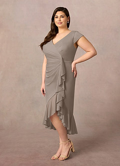 Azazie Renetta Mother of the Bride Dresses Taupe Sheath V-Neck Pleated Mesh Dress image9