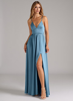 Azazie Aaida Bridesmaid Dresses Steel Blue A-Line Corset Stretch Satin Dress image4