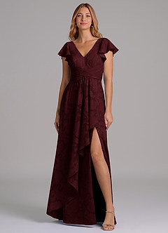 Azazie Omari Bridesmaid Dresses Cabernet A-Line Pleated Floral Burnout Dress image4