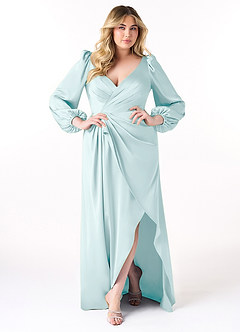 Azazie Mel Bridesmaid Dresses Sea Glass Sheath Long Sleeve Stretch Satin Dress image7