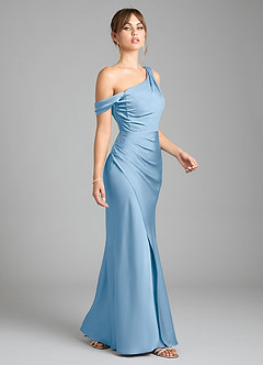Azazie Madelyn Bridesmaid Dresses Powder Blue Mermaid One Shoulder Stretch Satin Convertible Dress image5