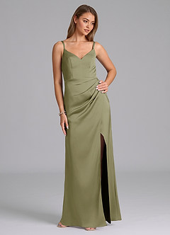 Azazie Leo Bridesmaid Dresses Pistachio Sheath Pleated Stretch Satin Dress image5