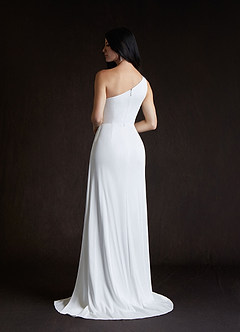 Azazie Tipton At-home Try On Dresses Diamond White Sheath One Shoulder Crepe Back Satin Dress image5