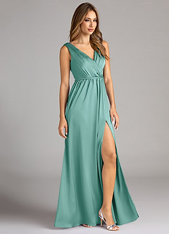 Azazie Tanicia Bridesmaid Dresses Aqua A-Line Pleated Stretch Satin Dress image4