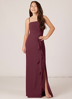 Azazie Kaylee Junior Cabernet A-Line with Belt Chiffon Dress image4