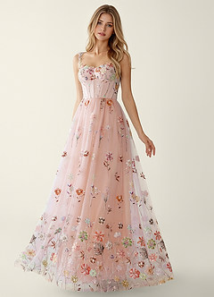 Irisqun Pink 3D Flowers Sequin Embroidery Beading Tulle Prom Dress image4