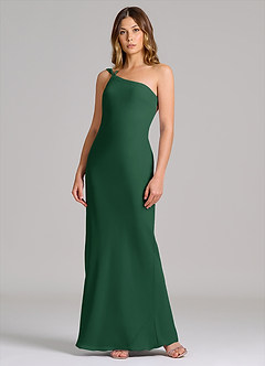Azazie Monroe Vestidos de damas de honor Vestido de Verde Oscuro de Gasa de Corte Recto con Hombro unilateral image3