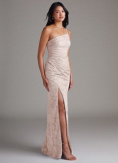 Azazie Eren Bridesmaid Dresses Blushing Pink Sheath One Shoulder Floral Burnout Dress image3