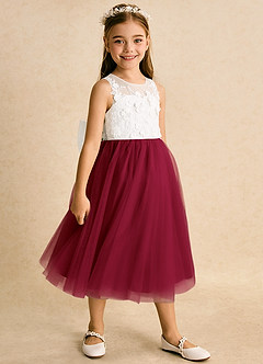 Azazie Lina Flower Girl Dresses Ivory Burgundy Ball-Gown Lace Dress image3