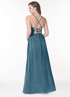 Azazie Raya Vestidos de damas de honor Vestido de Bermudas de Satén Elástico de Corte en A con Cuello en V Plisado image2