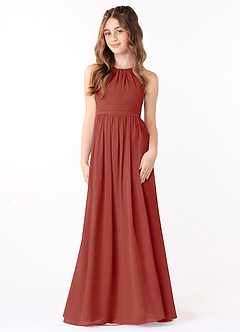 Azazie Jaylah Junior Vestido Terracota de Chiffon de Linha A com Ruched image2