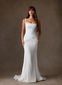 Azazie Shauna Wedding Dresses Diamond White Sheath Square Neckline Crepe Back Satin Dress image3